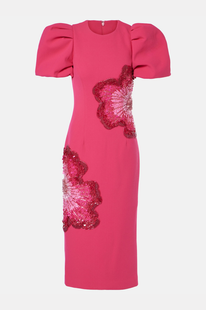 Ereni Puff Floral Sequin Embellished Midi Dress