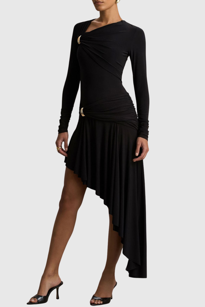 Fidelio Asymmetrical Ruched Midi Dress - Black