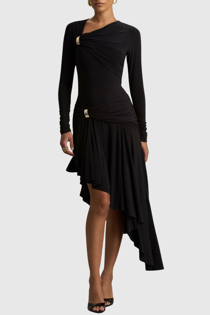 Fidelio Asymmetrical Ruched Midi Dress - Black