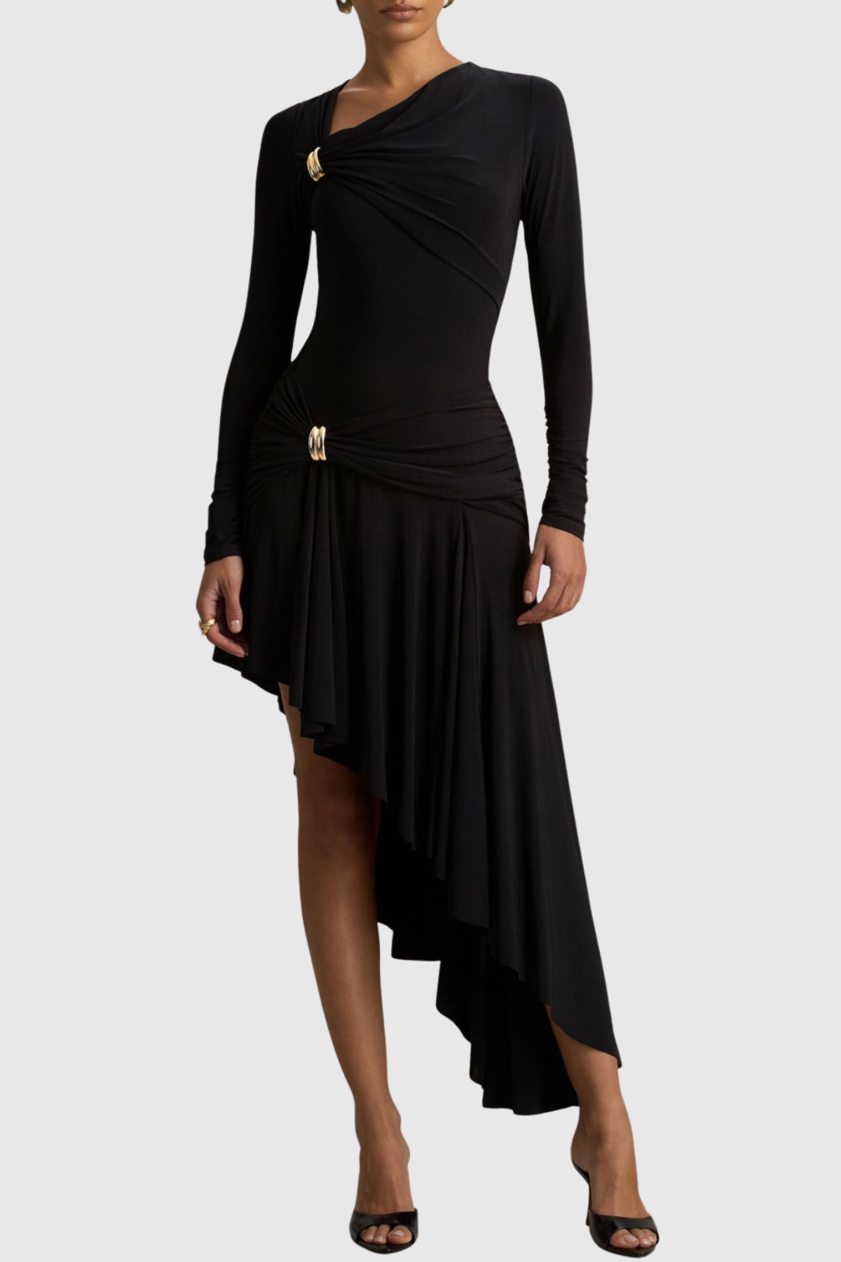 Fidelio Asymmetrical Ruched Midi Dress - Black