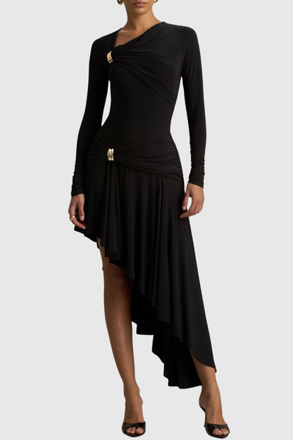 Fidelio Asymmetrical Ruched Midi Dress - Black