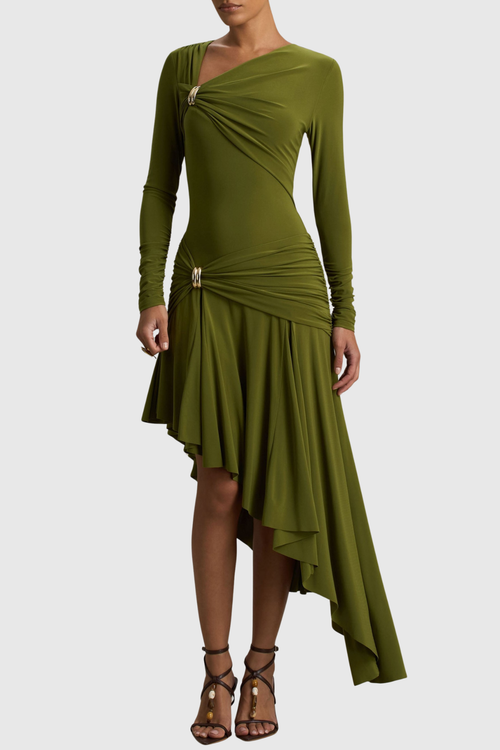 Fidelio Asymmetrical Ruched Midi Dress - Green
