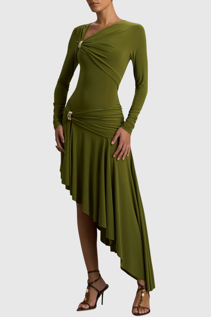 Fidelio Asymmetrical Ruched Midi Dress - Green