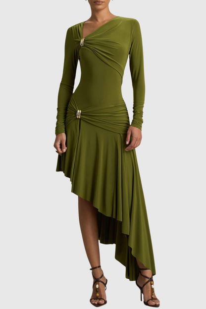 Fidelio Asymmetrical Ruched Midi Dress - Green