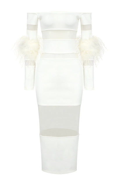 Genesis Off Shoulder Feather Mesh Midi Bandage Dress - White