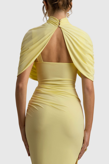 Jago Asymmetric Cape Ruched Midi Dress - Yellow
