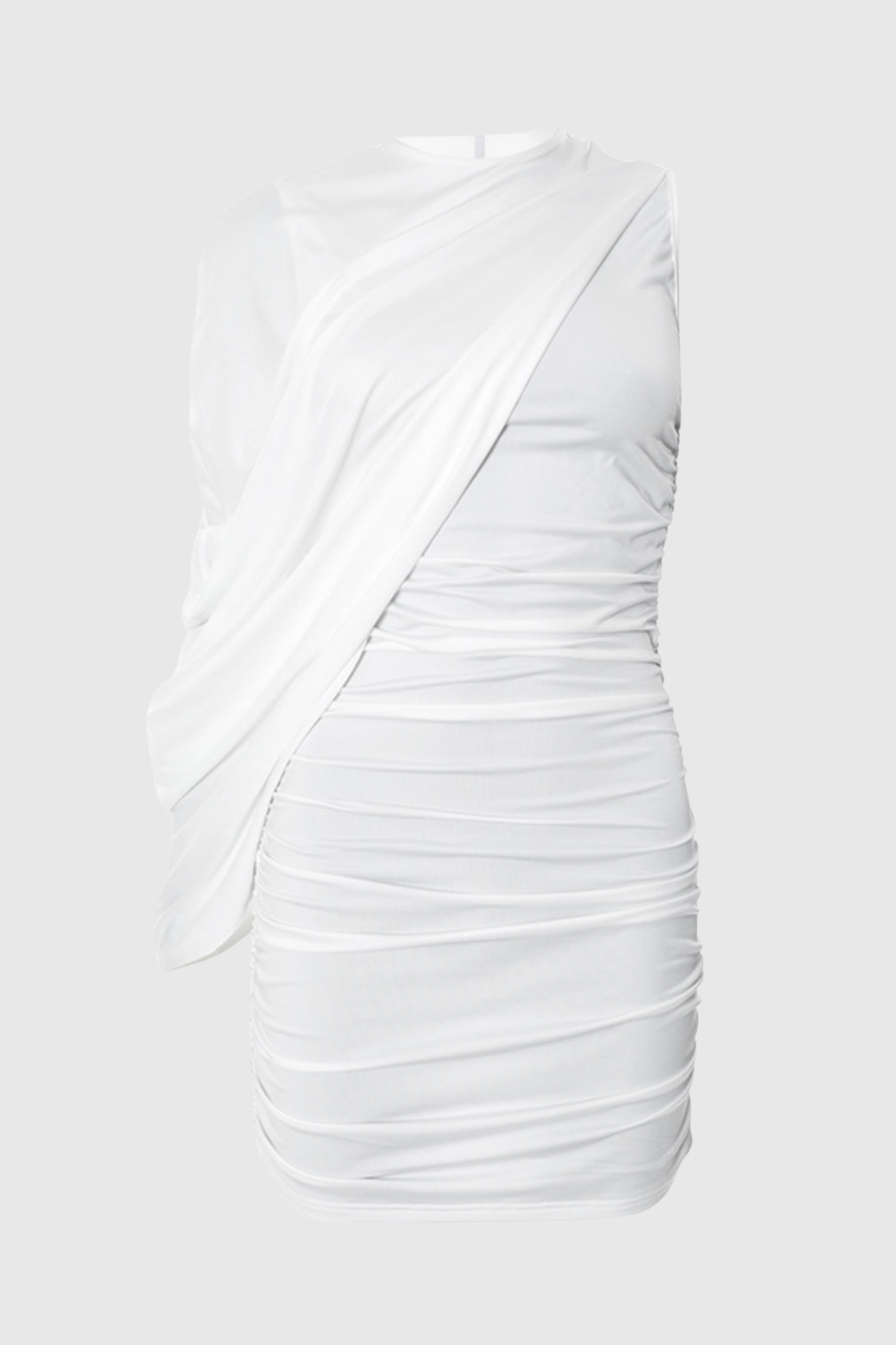 Jago Asymmetric Shawl One Shoulder Ruched Mini Dress - White