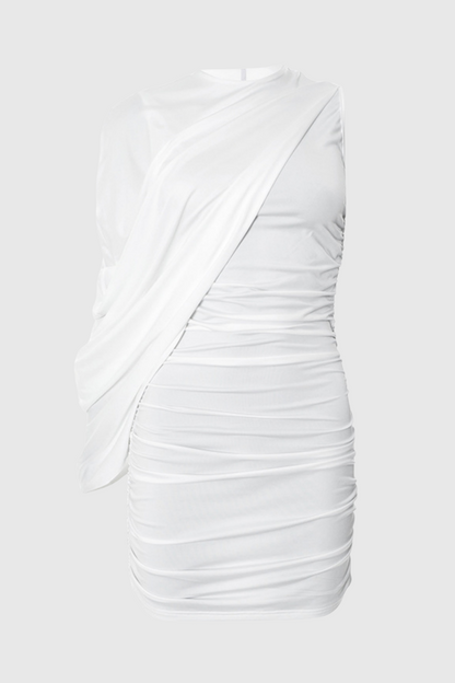 Jago Asymmetric Shawl One Shoulder Ruched Mini Dress - White