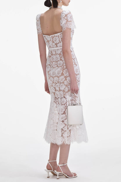 Josef Lace Bow Belted Midi Dress - White