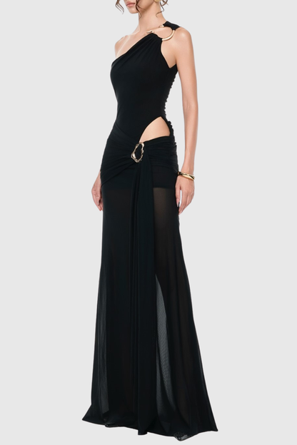 Kahdal One Shoulder Mesh Draped Cutout Maxi Dress