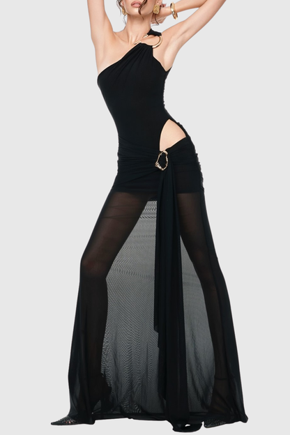 Kahdal One Shoulder Mesh Draped Cutout Maxi Dress