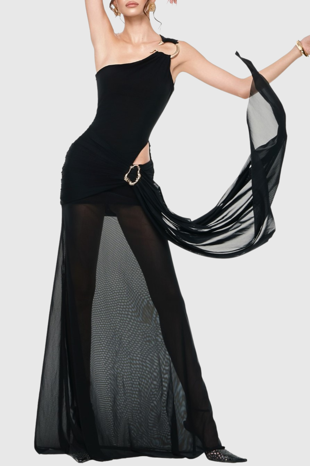 Kahdal One Shoulder Mesh Draped Cutout Maxi Dress