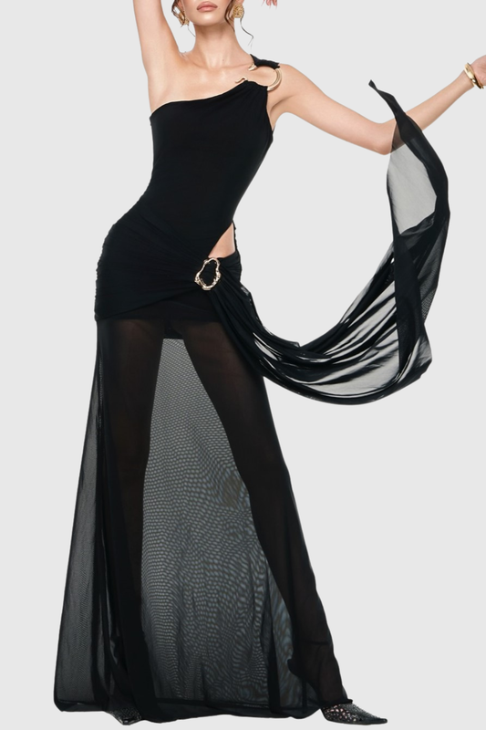 Kahdal One Shoulder Mesh Draped Cutout Maxi Dress