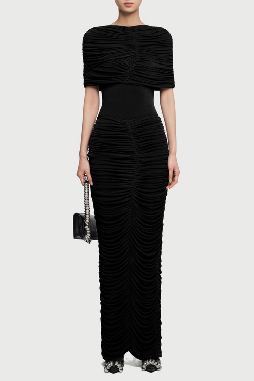 Kamyra Symmetrical Draped Shoulder Maxi Dress - Black