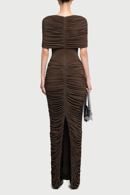 Kamyra Symmetrical Draped Shoulder Maxi Dress - Brown
