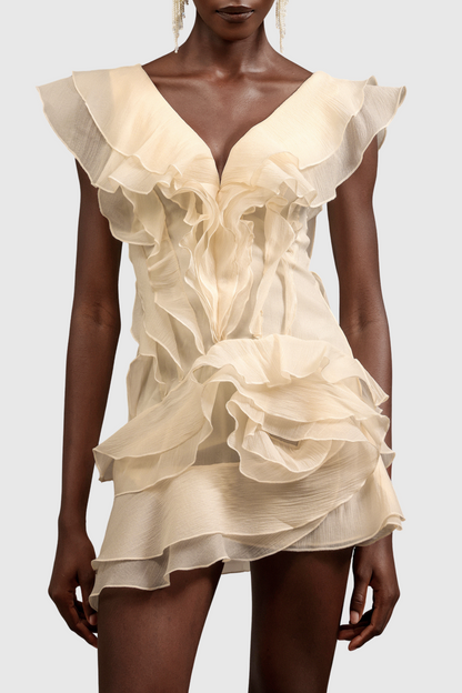 Kellan Off Shoulder Ruffle Mini Dress - Beige
