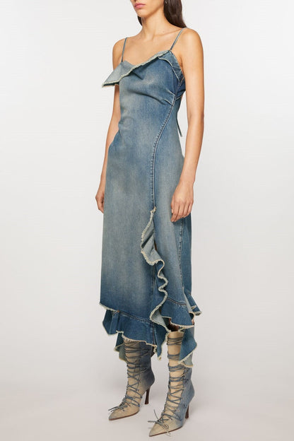 Kenzia Asymmetric Denim Ruffle Midi Dress