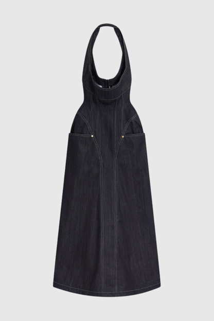 Krishna Halter Denim Corset Contrast-stitching Maxi Dress