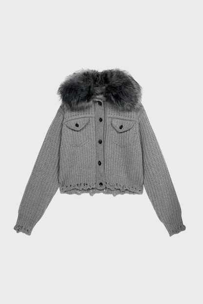 Ladra Faux Fur Collar Cardigan - Grey