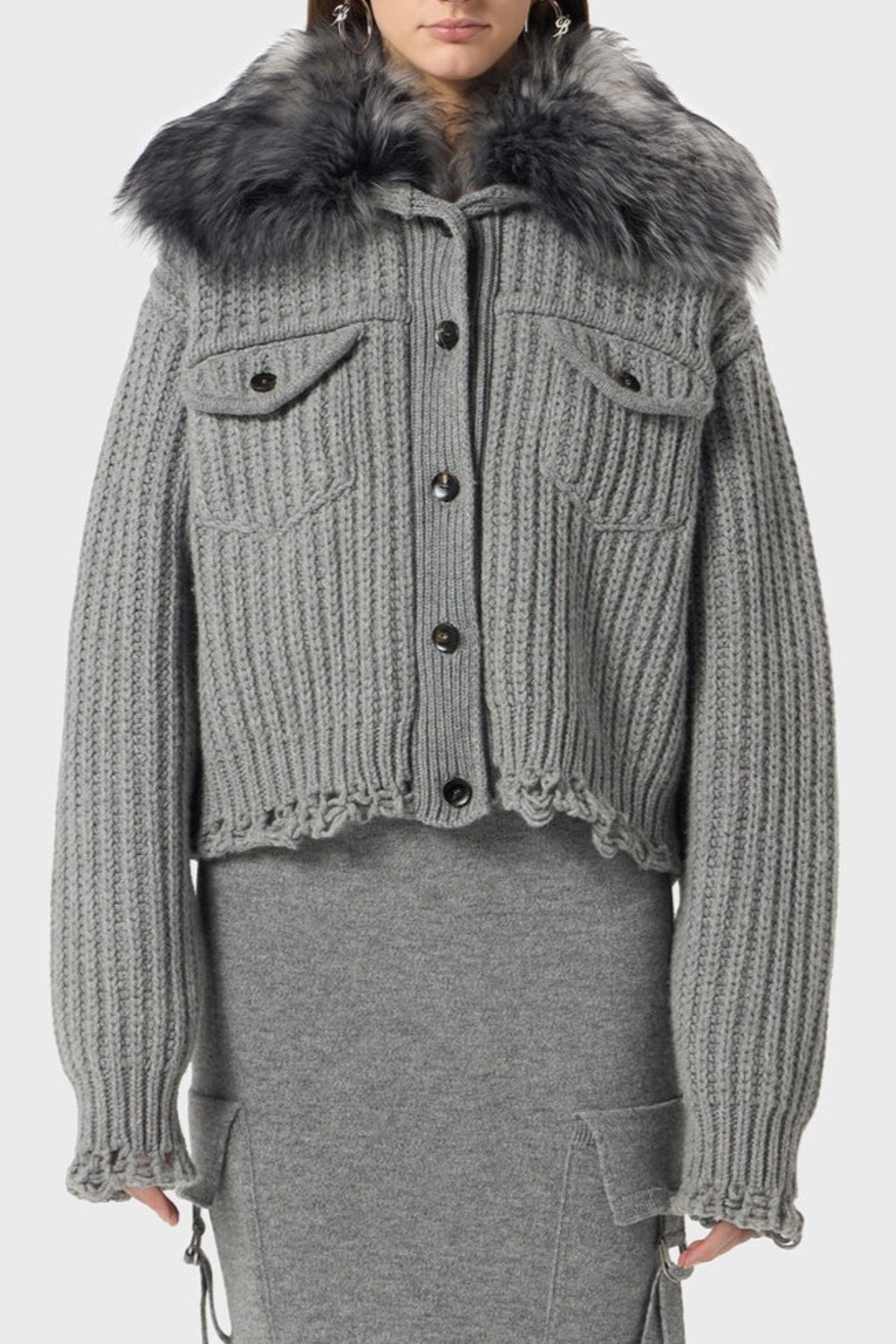 Ladra Faux Fur Collar Cardigan - Grey