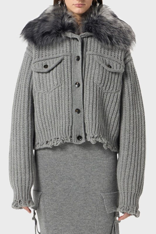 Ladra Faux Fur Collar Cardigan - Grey