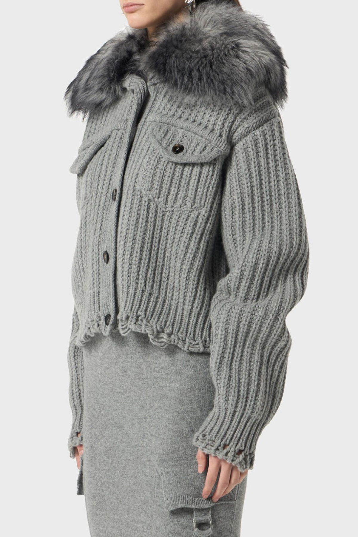 Ladra Faux Fur Collar Cardigan - Grey