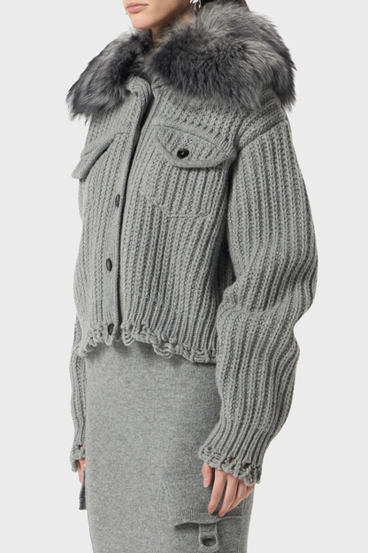 Ladra Faux Fur Collar Cardigan - Grey