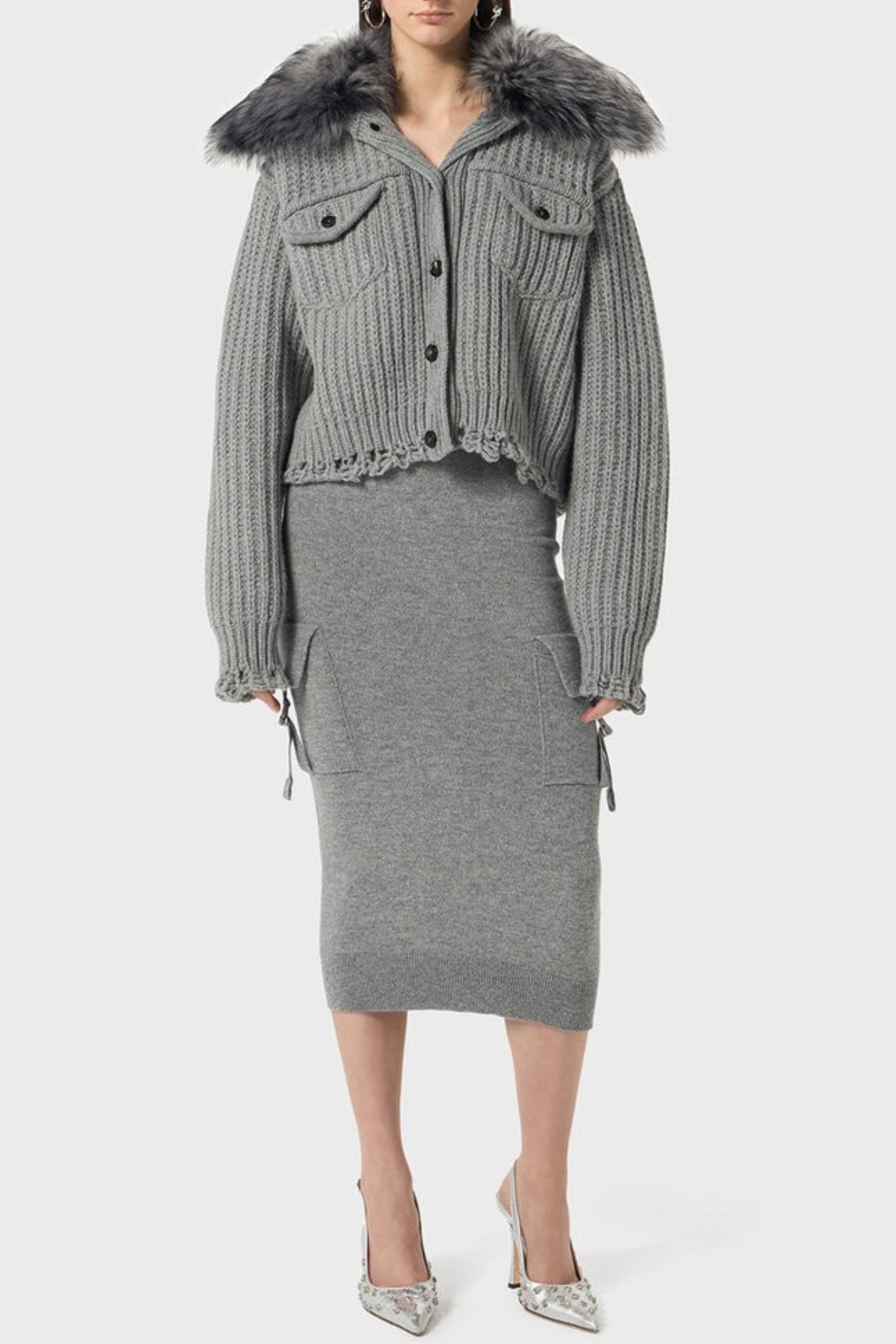 Ladra Faux Fur Collar Cardigan - Grey