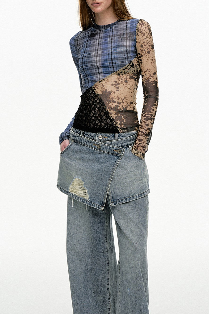 Lina Printed Patchwork Mesh Top