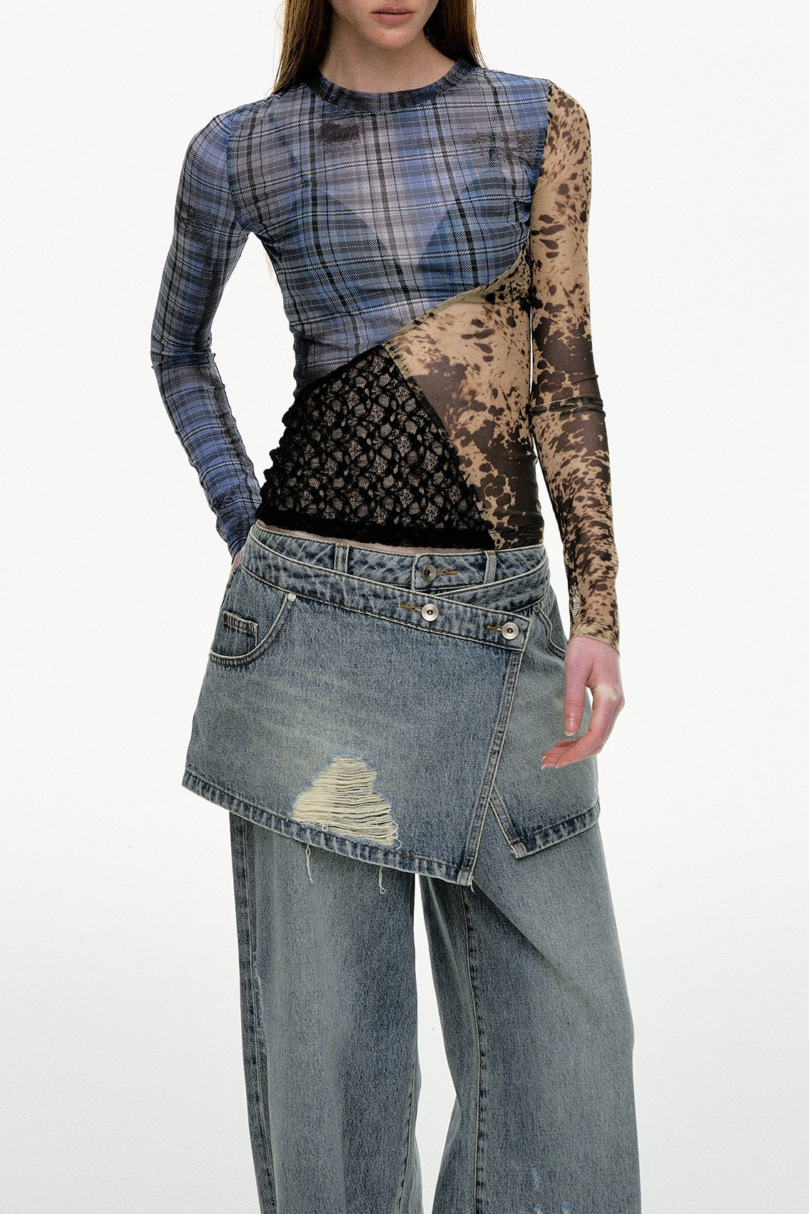 Lina Printed Patchwork Mesh Top