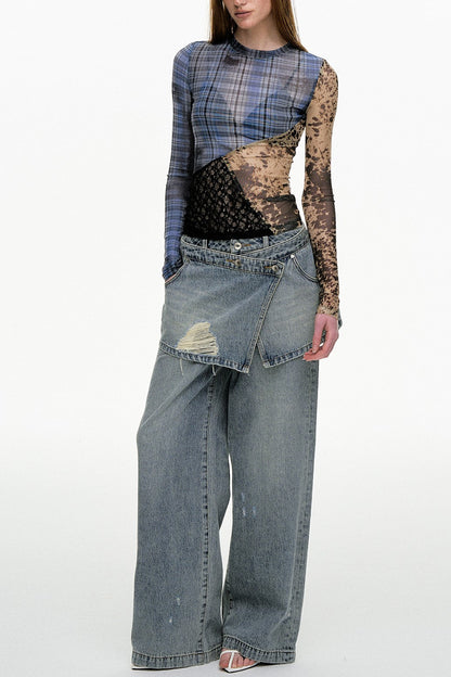 Lina Printed Patchwork Mesh Top