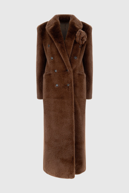 Makari Faux Fur Floral Brooch Coat