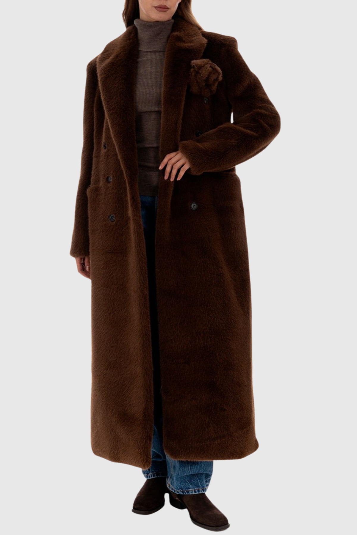 Makari Faux Fur Floral Brooch Coat