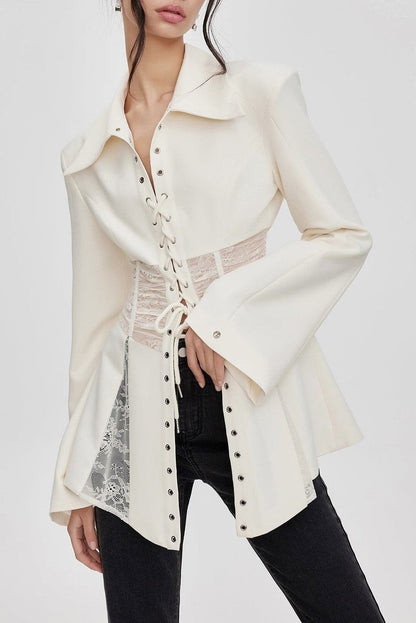 Melany See Through Lace Up Shirt - White