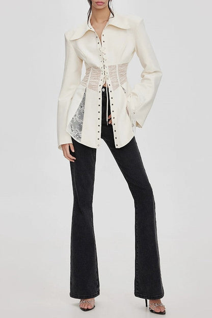 Melany See Through Lace Up Shirt - White