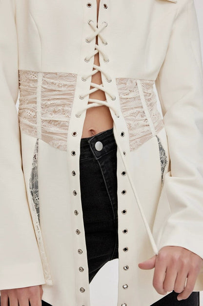 Melany See Through Lace Up Shirt - White