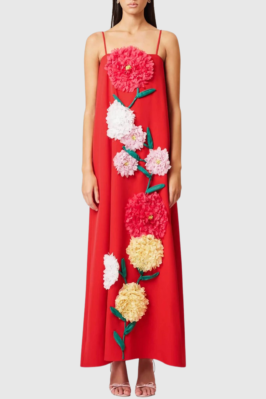 Mesa Strapless Floral Embroidered Maxi Dress - Red