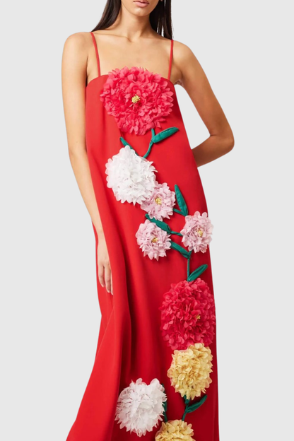 Mesa Strapless Floral Embroidered Maxi Dress - Red