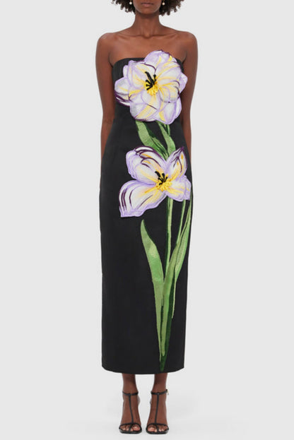 Mimoza Floral Appliqué Strapless Midi Dress - Black