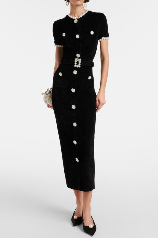 Nahma Crystal Embellished Belted Knit Midi Dress