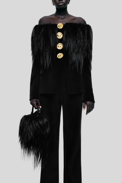 Niama Off Shoulder Feather Blazer