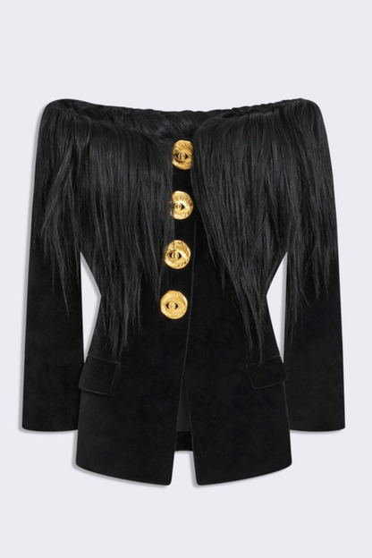 Niama Off Shoulder Feather Blazer