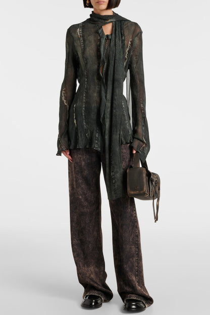 Nimate Denim-Crepe Scarf Shirt