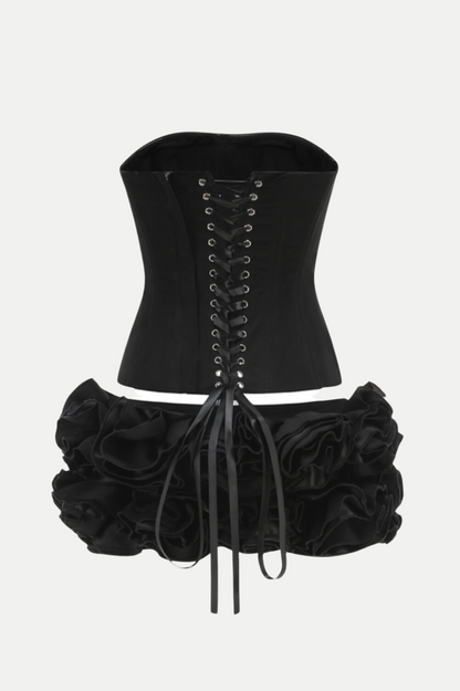 Nuala Floral Lace Up Two Piece Set - Black