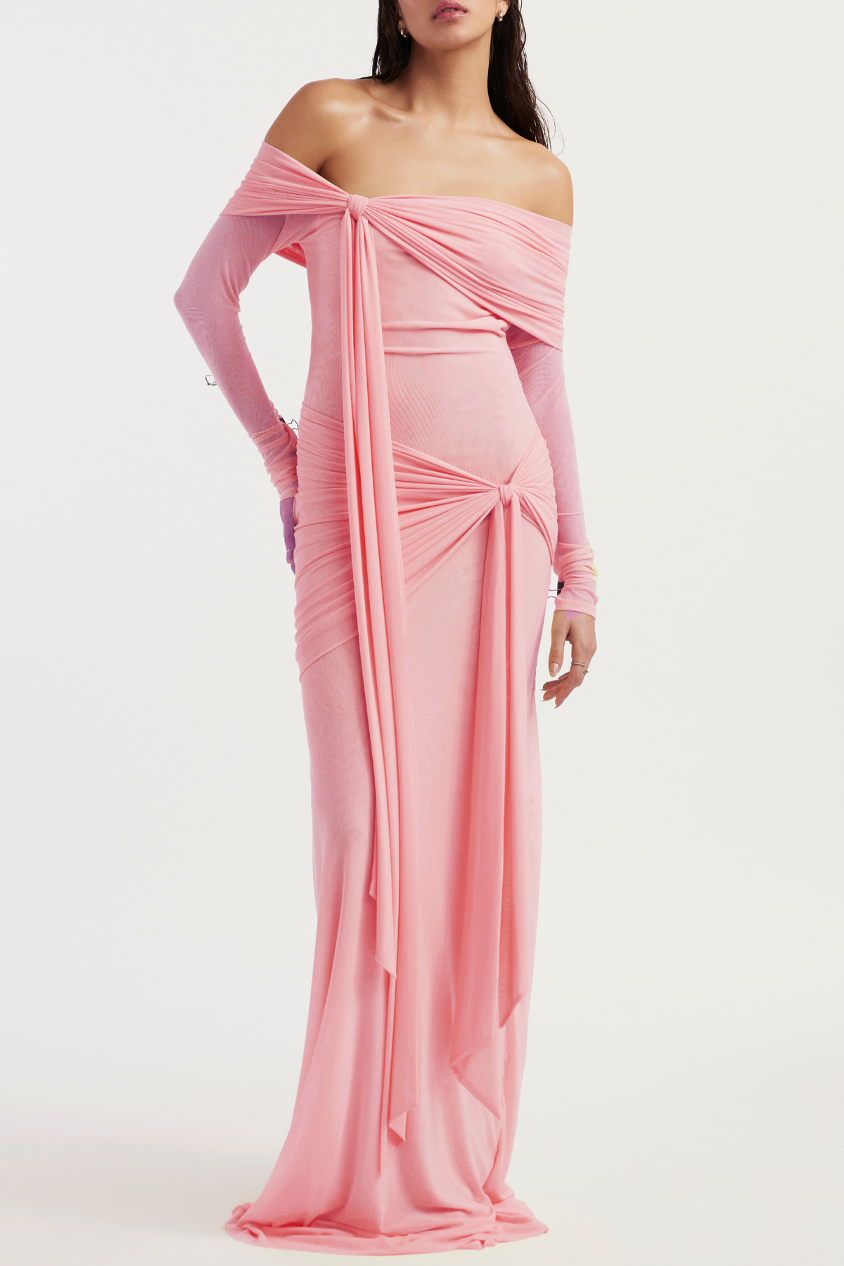 Olaya Off Shoulder Ruched Knot Maxi Dress - Pink