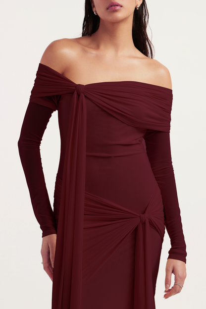 Olaya Off Shoulder Ruched Knot Maxi Dress - Wine