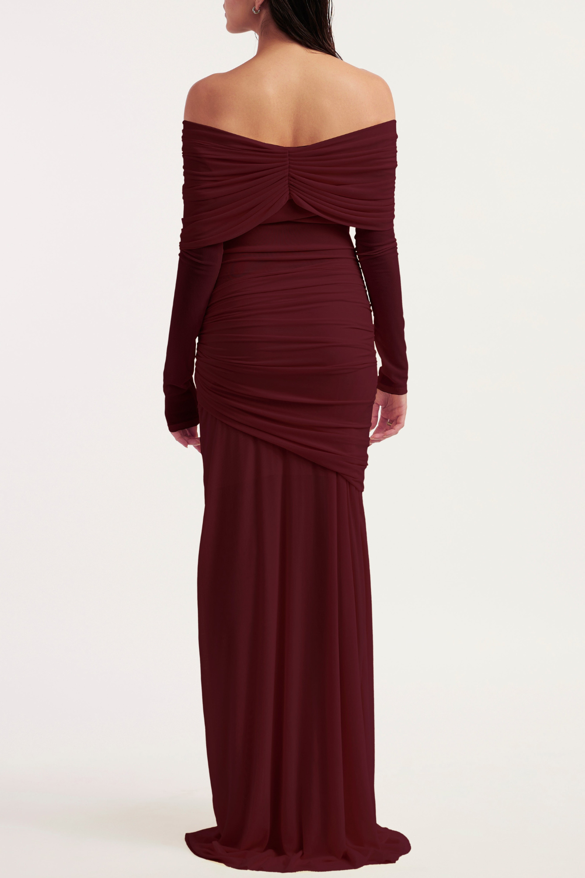 Olaya Off Shoulder Ruched Knot Maxi Dress - Wine
