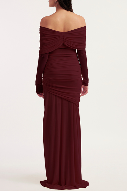 Olaya Off Shoulder Ruched Knot Maxi Dress - Wine