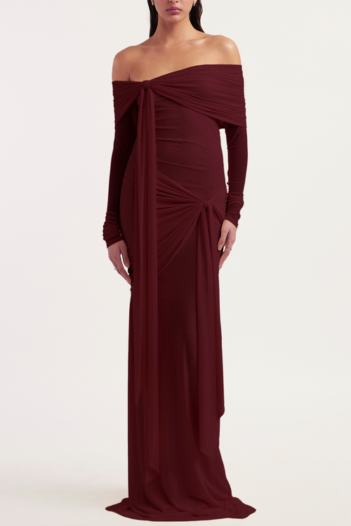 Olaya Off Shoulder Ruched Knot Maxi Dress - Wine