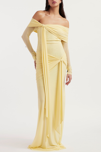 Olaya Off Shoulder Ruched Knot Maxi Dress - Yellow